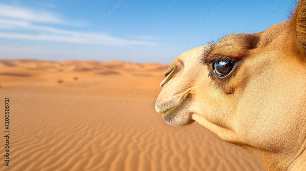 Obraz premium Close up of camel eye reflecting vast desert landscape, showcasing beauty of nature