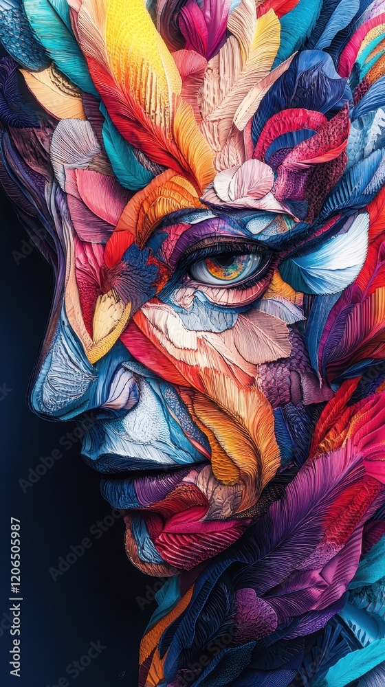 Close up of a womans face adorned with vibrant colorful feathers for artistic expression and creativity Close up of a womans face adorned with vibrant colorful feathers for artistic expression and creativity