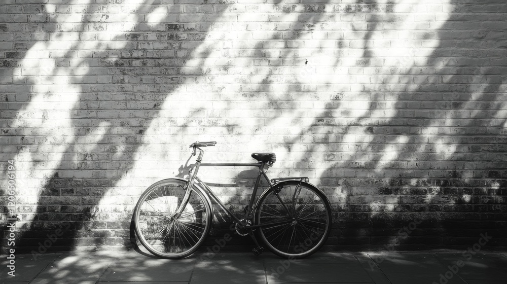Obraz premium Bicycle leaning against a brick wall in dappled sunlight