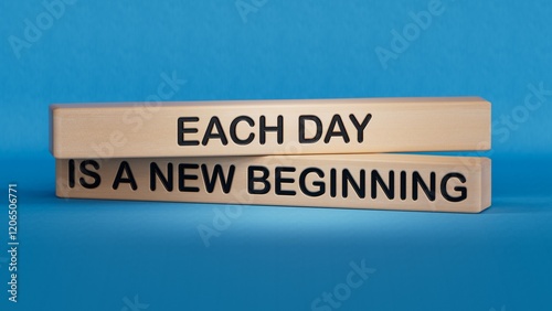 Text Each day is a new beginning. Wooden cube blocks. Copy space.3D rendering on blue background.