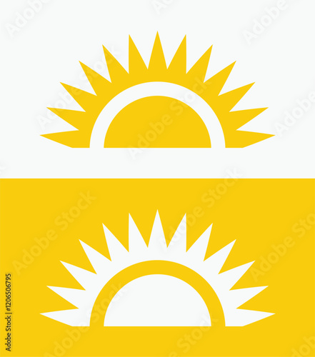 icon set Yellow half sun , including shining rays, sunset designs, solar energy, and star-inspired illustrations. Perfect for representing warmth, tanning, and bright energy.