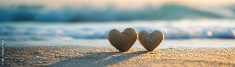 Two Stone Hearts on Beach at Sunset - Romantic Seascape Two Stone Hearts on Beach at Sunset - Romantic Seascape