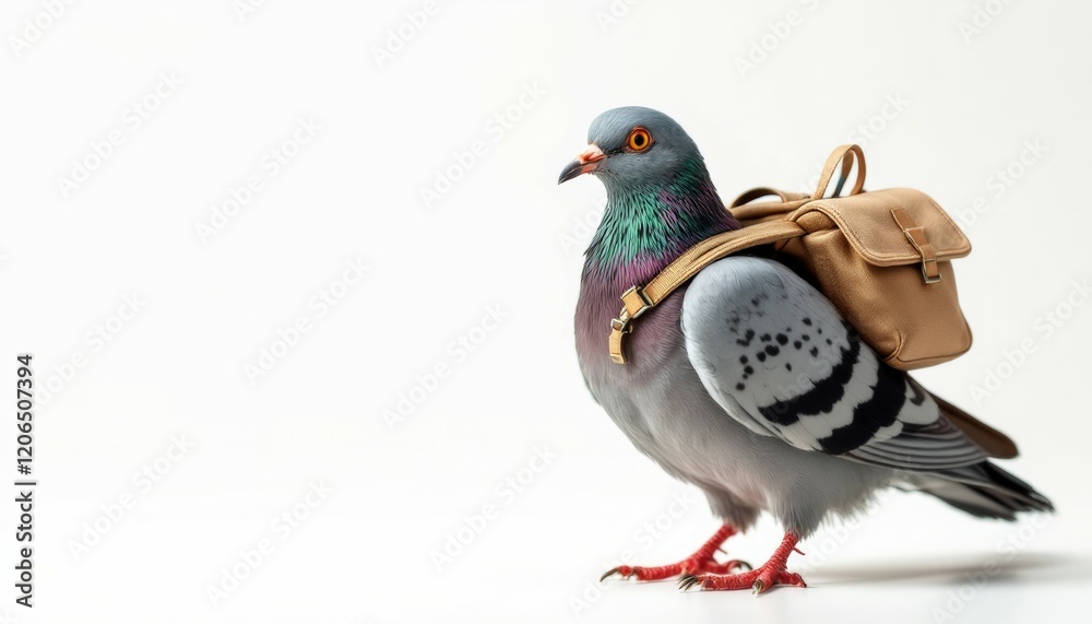 Fototapeta premium Pigeon with Backpack Adorable Bird Carrying Tiny Bag