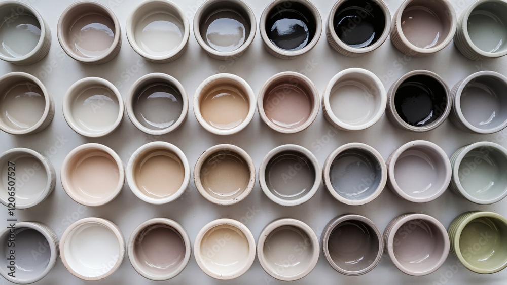 Array of paint pots (Soft Neutral Tones): An array of ceramic bowls or pots, each with a distinct color ranging from light greys to muted taupes and soft whites Array of paint pots (Soft Neutral Tones): An array of ceramic bowls or pots, each with a distinct color ranging from light greys to muted taupes and soft whites