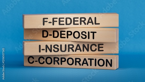 Closeup wood cubes into the row to complete the word fdic, converge benefits, mutal benefits concept.3D rendering on blue background.