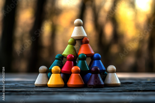A vibrant arrangement of colorful wooden game pieces forms a pyramid on a weathered wooden surface, surrounded by a blurred natural backdrop.