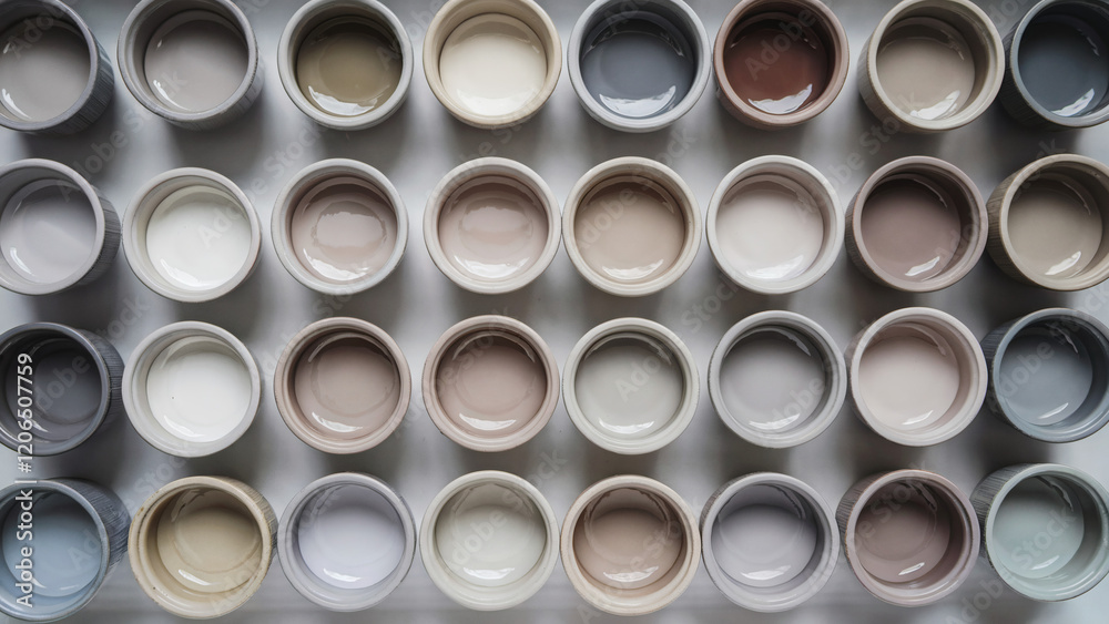 Array of paint pots (Soft Neutral Tones): An array of ceramic bowls or pots, each with a distinct color ranging from light greys to muted taupes and soft whites Array of paint pots (Soft Neutral Tones): An array of ceramic bowls or pots, each with a distinct color ranging from light greys to muted taupes and soft whites
