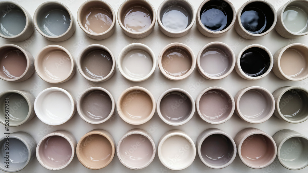 Array of paint pots (Soft Neutral Tones): An array of ceramic bowls or pots, each with a distinct color ranging from light greys to muted taupes and soft whites Array of paint pots (Soft Neutral Tones): An array of ceramic bowls or pots, each with a distinct color ranging from light greys to muted taupes and soft whites