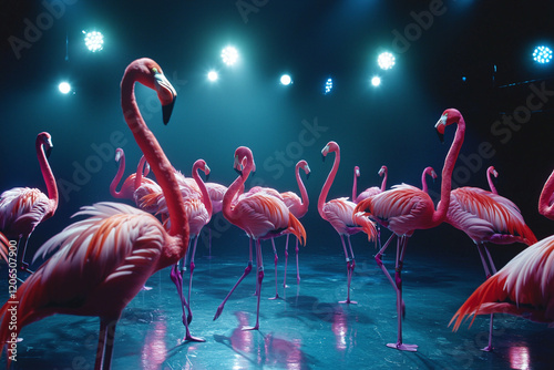 majestic flamingos displaying plumage, wildlife habitat photo