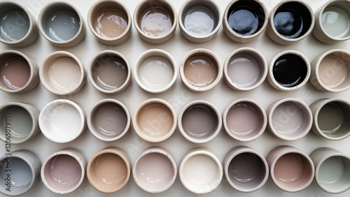 Array of paint pots (Soft Neutral Tones): An array of ceramic bowls or pots, each with a distinct color ranging from light greys to muted taupes and soft whites photo