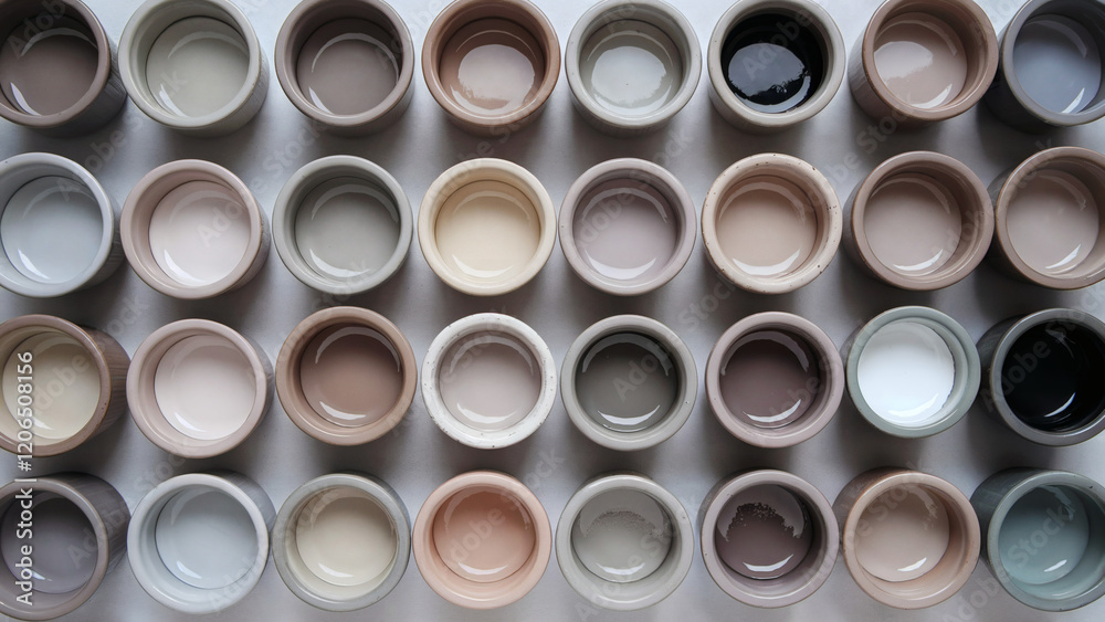 Array of paint pots (Soft Neutral Tones): An array of ceramic bowls or pots, each with a distinct color ranging from light greys to muted taupes and soft whites Array of paint pots (Soft Neutral Tones): An array of ceramic bowls or pots, each with a distinct color ranging from light greys to muted taupes and soft whites