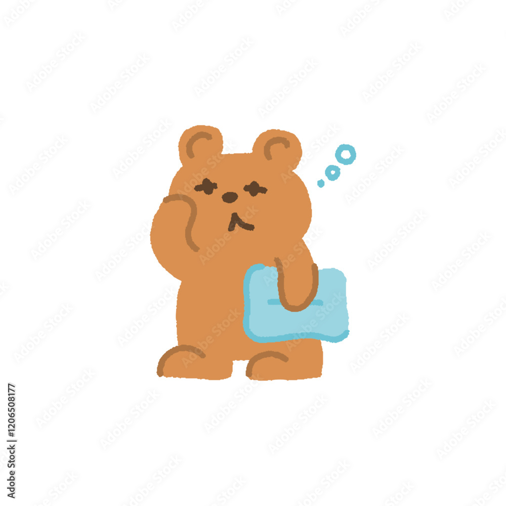 Naklejka premium 眠そうな顔で枕を持って目をこするクマのイラスト キャラクター 手書き