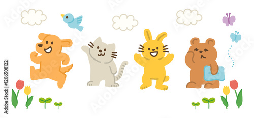 春が来たことを喜ぶ動物たちのイラストセット