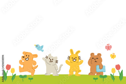 春が来たことを喜ぶ動物たちの背景イラスト　手書き