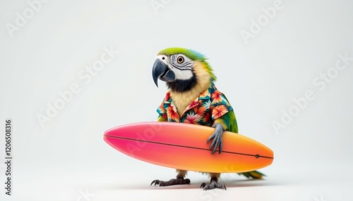 Surfing Parrot in Hawaiian Shirt on Pink Surfboard