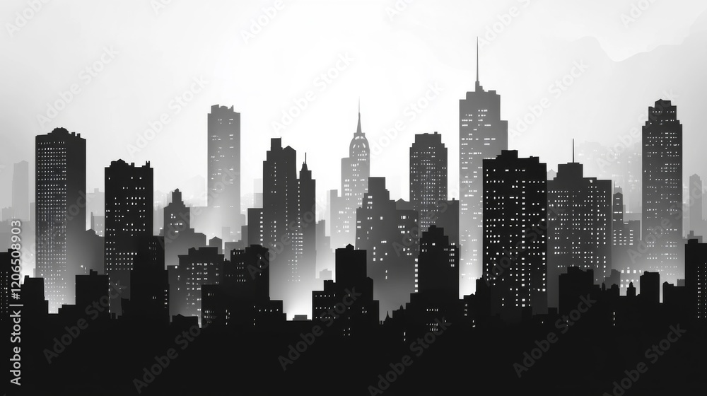 Urban Skyline at Night, Monochrome Cityscape Urban Skyline at Night, Monochrome Cityscape