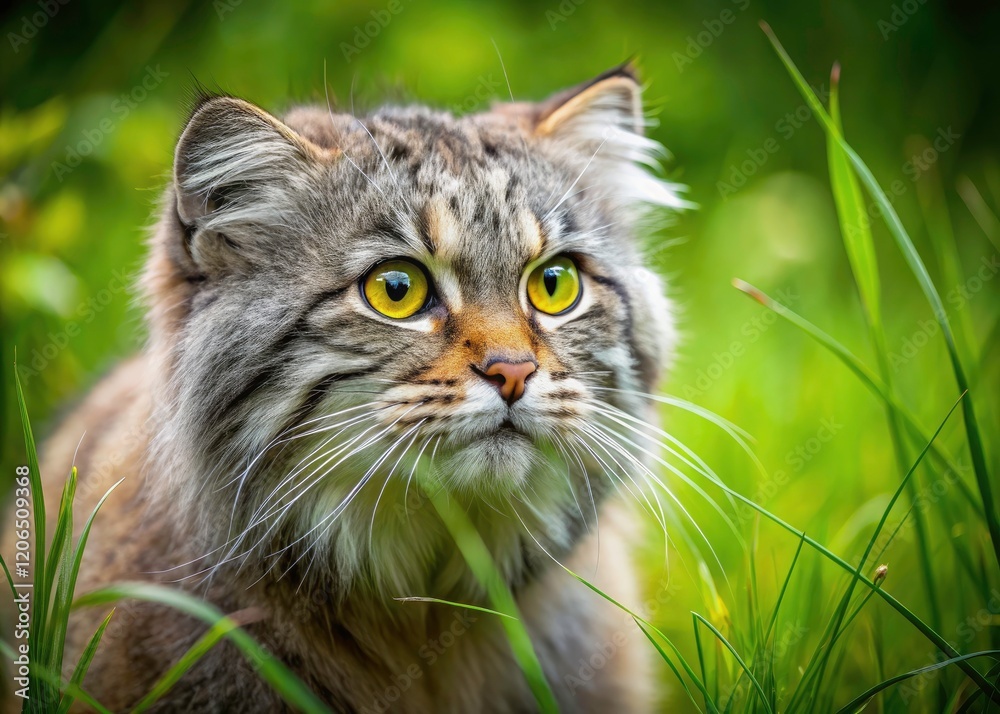 Pallas Cat Hunting, Fluffy Wildcat in Green Grass, Profile View, Wildlife Photography Pallas Cat Hunting, Fluffy Wildcat in Green Grass, Profile View, Wildlife Photography