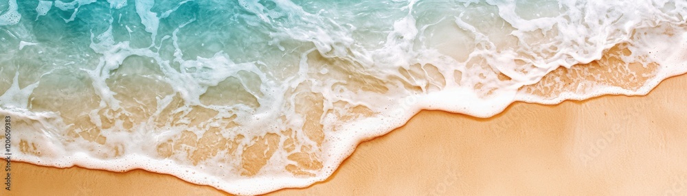 Aerial view of ocean waves gently lapping onto sandy beach. Aerial view of ocean waves gently lapping onto sandy beach.