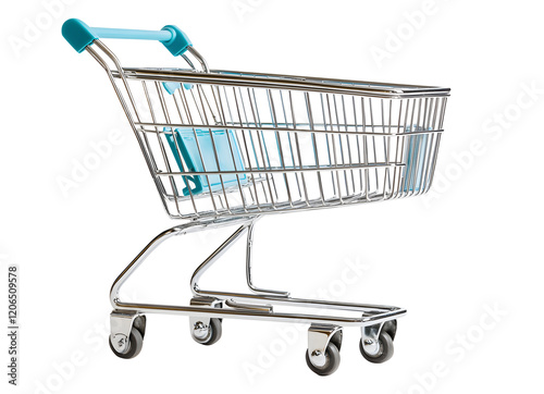 Aluminum sleek empty supermarket shopping cart with shiny metallic isolated on cut out PNG or transparent background. Show modern design and functionality. Transporting large quantities of goods.