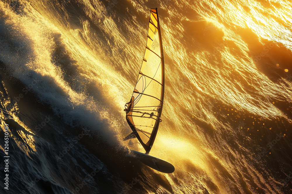 Windsurfing board slicing through golden waves for the ultimate beach adventure Windsurfing board slicing through golden waves for the ultimate beach adventure