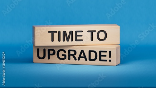 wooden cube with Time to upgrade. Wooden cube blocks. Copy space.3D rendering on blue background.