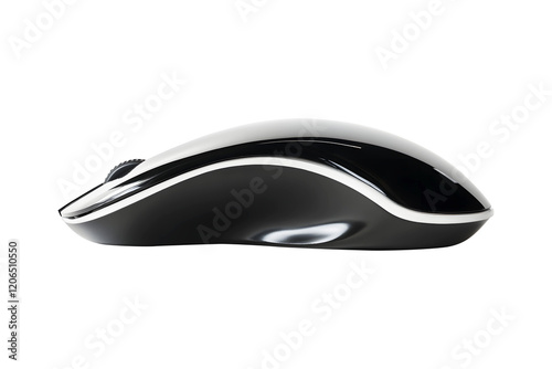 Black wireless computer mouse isolated on cut out PNG or transparent background. Modern design highlights smooth curves and minimalistic buttons. Show stylish appearance.