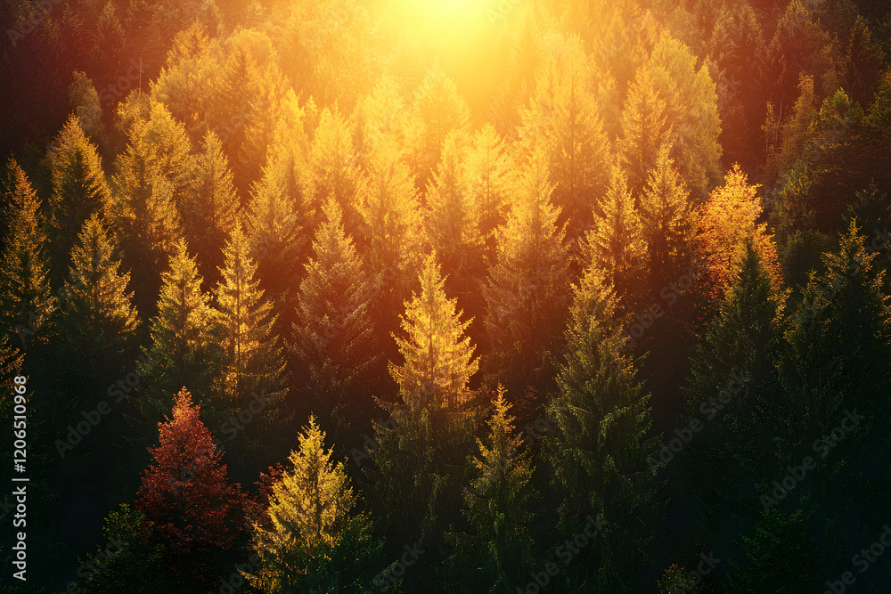 Obraz premium Landscape top-down view of Pine Forest stunning autumn forest bathed with golden sunlight shines through trees. Vibrant foliage displays rich hues of red, orange, yellow, and green background natural.