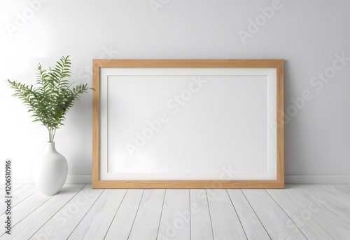 Horizontal wooden frame mockup leaning on white wall with plant in vase on white wooden floor
