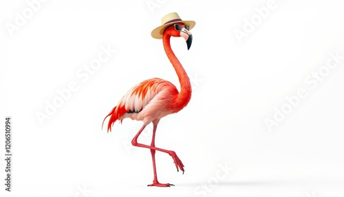 Flamingo in Summer Hat and Sunglasses Tropical Bird Image