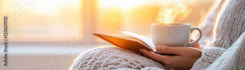 Cozy moment with coffee and book in warm sunlight at home. photo