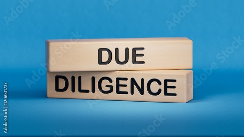 DUE DILIGENCE word on wooden cube. Wooden cube blocks. Copy space.3D rendering on blue background.