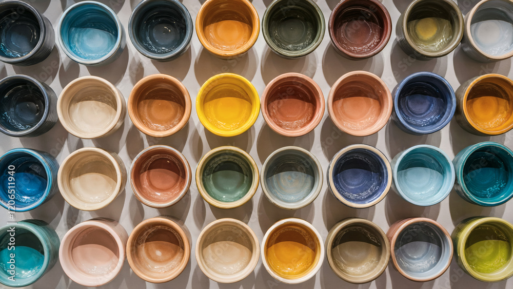 An array of ceramic bowls or pots, each with a distinct color ranging from deep blues to vibrant yellows. They are arranged in a grid pattern, with each bowl placed side by side An array of ceramic bowls or pots, each with a distinct color ranging from deep blues to vibrant yellows. They are arranged in a grid pattern, with each bowl placed side by side