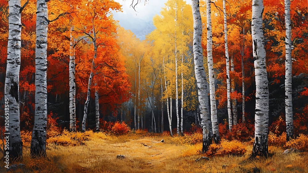Fototapeta premium Vibrant autumn forest with colorful trees and a serene pathway.