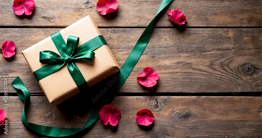 Fototapeta premium Beautifully Wrapped Gift Box with Rose Petals and Natural Lighting