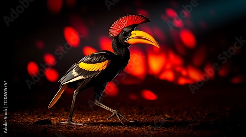 Rufous-crested Hornbill walking on dark ground. photo