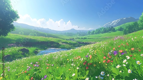 Vast green meadows landscape anime style