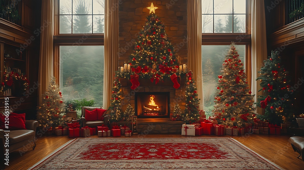 Fototapeta premium Cozy Christmas living room fireplace scene