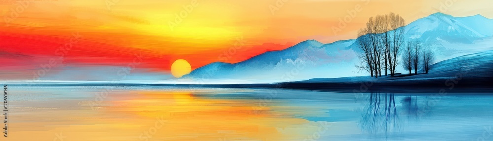 Vibrant sunset over a serene lake and misty mountains. Vibrant sunset over a serene lake and misty mountains.