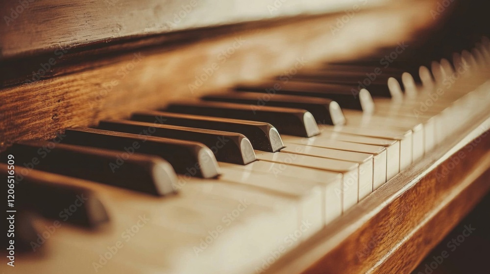 Close-up of Aged Wooden Piano Keys