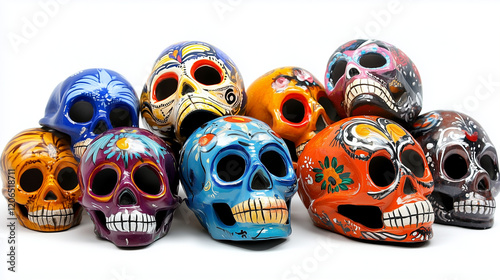 Set of colorful Mexican skulls with floral patterns isolated on white background photo