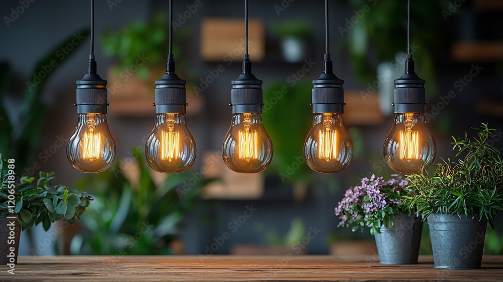 Obraz premium Rustic pendant light with Edison bulbs hanging above a wooden dining table casting warm focused light