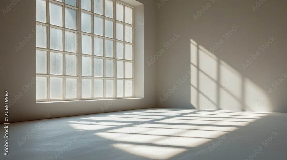 Brightly lit, minimalist interior space with large windows casting shadows on the floor Brightly lit, minimalist interior space with large windows casting shadows on the floor