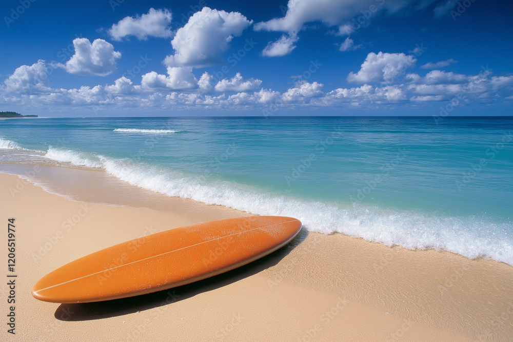 Surfboard Resting on a Sun-Drenched Beach, A Relaxing Scene for Beach Lovers Surfboard Resting on a Sun-Drenched Beach, A Relaxing Scene for Beach Lovers