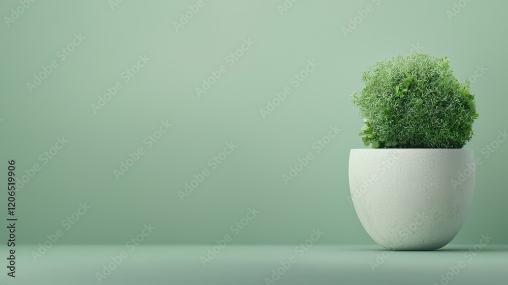 A simple green plant in a minimalist white pot against a soft green background.