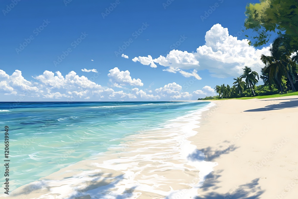 Serene beach scene with clear water and lush greenery. Serene beach scene with clear water and lush greenery.