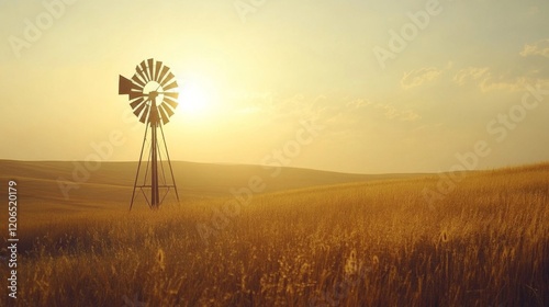 Windmill Silhouette at Sunset over Golden Wheat Field