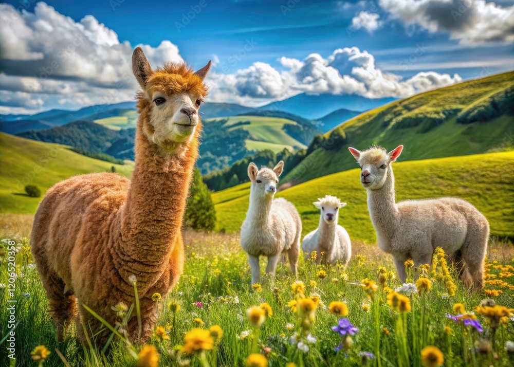 Fototapeta premium Adorable Alpacas Grazing on Farmland: Stunning Landscape Photography