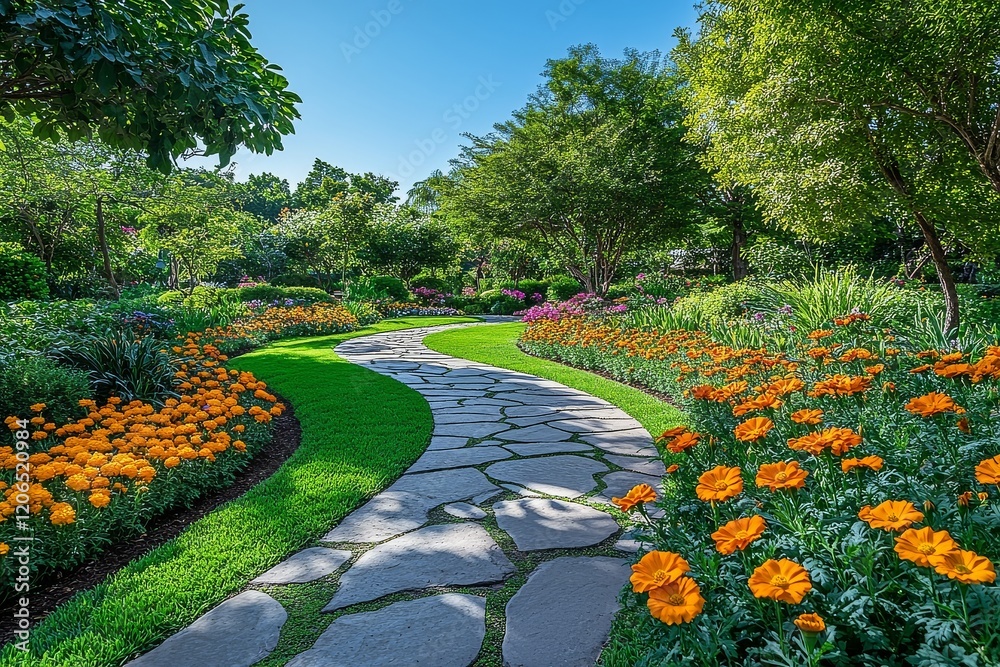 Obraz premium Beautiful flower garden with colorful marigolds, stone path, vibrant green trees, clear blue sky, bright sunlight, wide-angle view, tranquil nature scene.