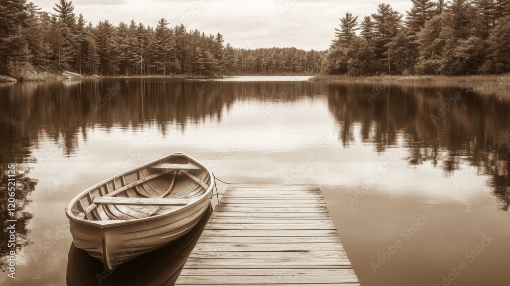 Peaceful Lake Scene with Rowboat at Wooden Dock Peaceful Lake Scene with Rowboat at Wooden Dock