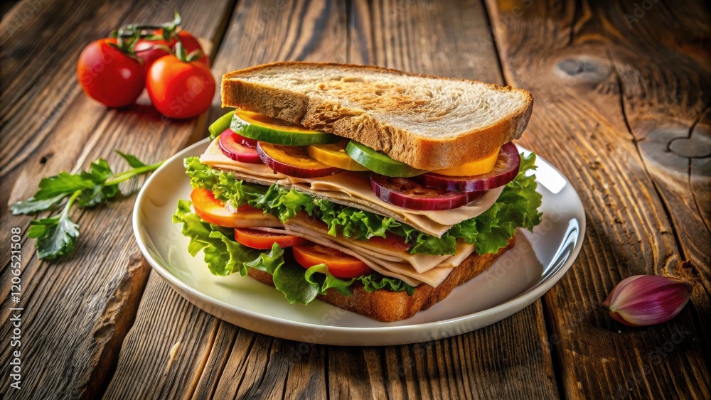 Obraz premium Aerial View Turkey Sandwich Wheat Bread Plate - Delicious Lunch Food Photography